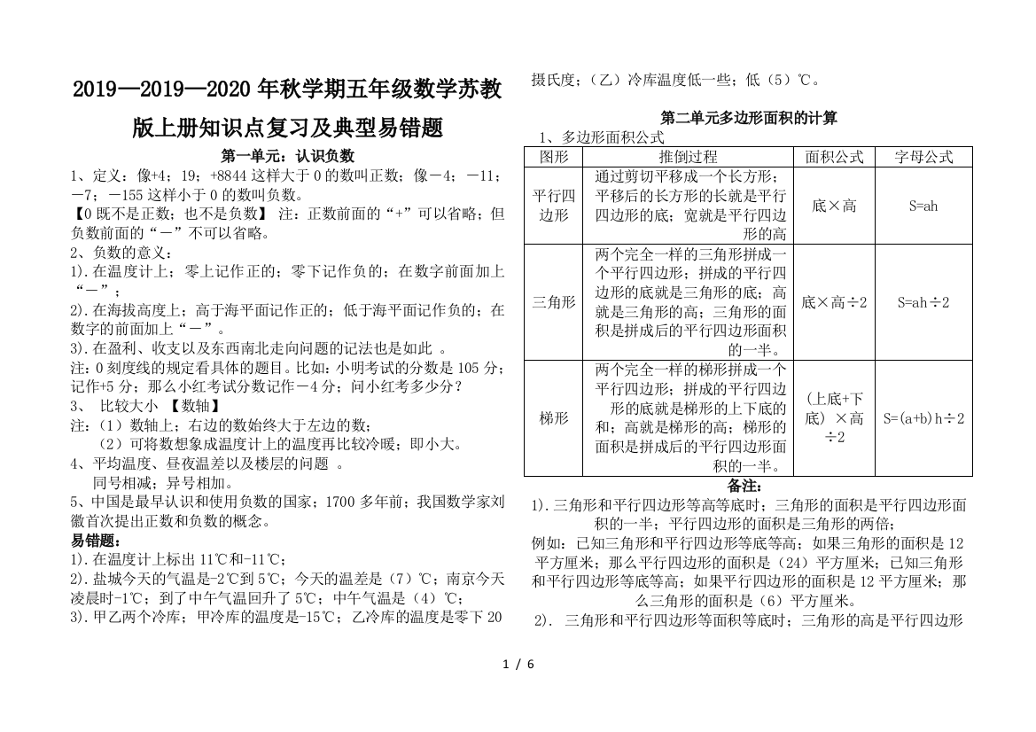 2019—2020年秋学期五年级数学苏教版上册知识点复习及典型易错题