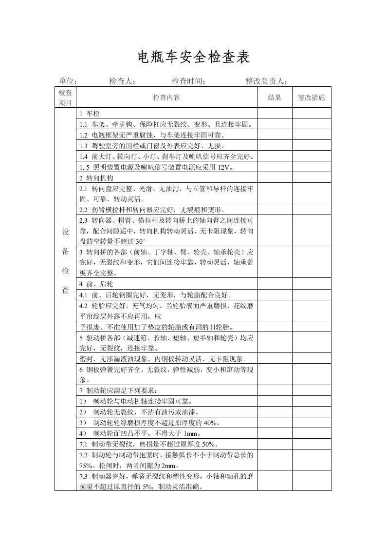 电瓶车安全检查表