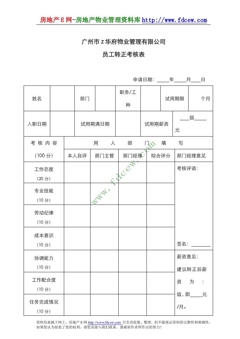 华府物业员工转正考核表