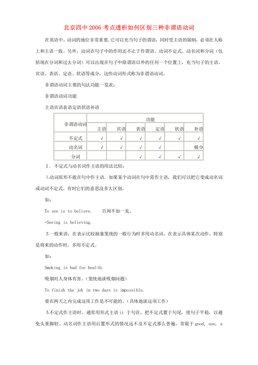 （小学中学试题）北京四中考点透析如何区别三种非谓语动词