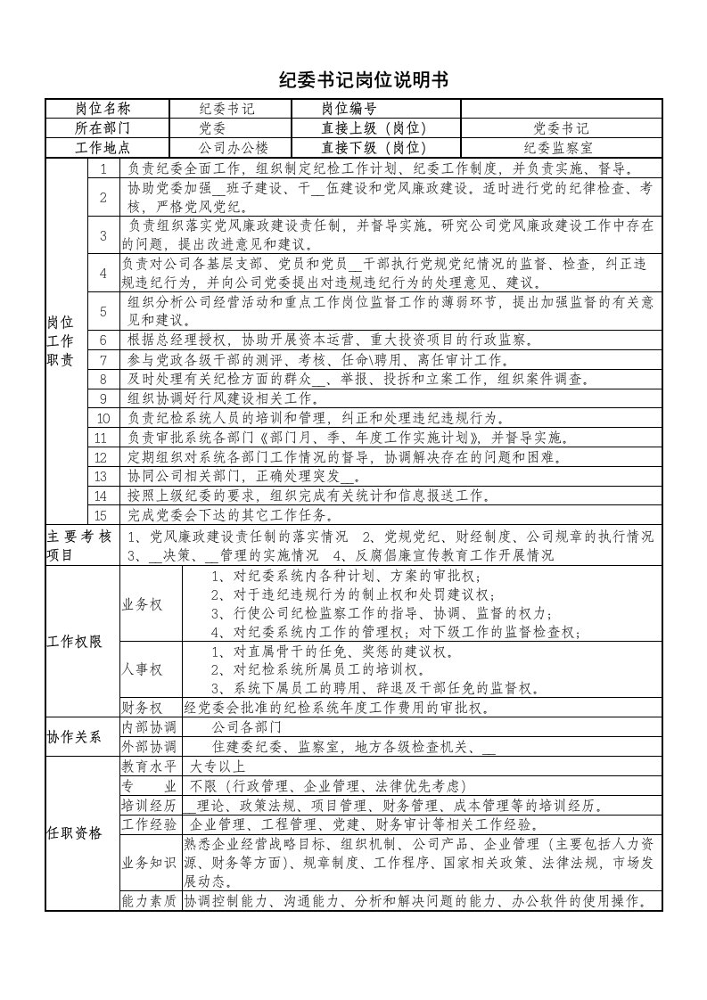 纪委书记岗位说明书