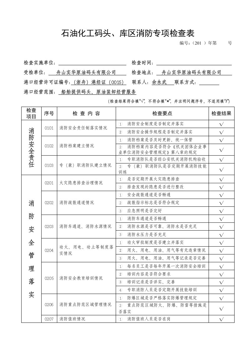 石油化工码头、库区消防安全检查表