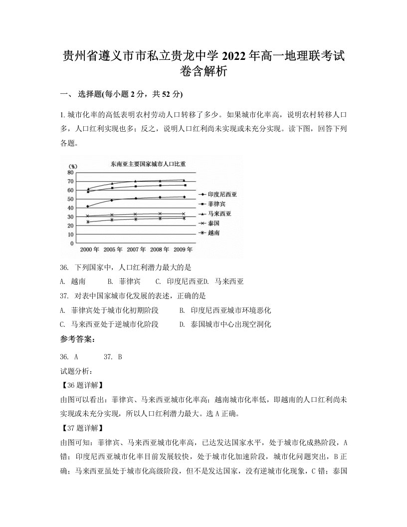 贵州省遵义市市私立贵龙中学2022年高一地理联考试卷含解析