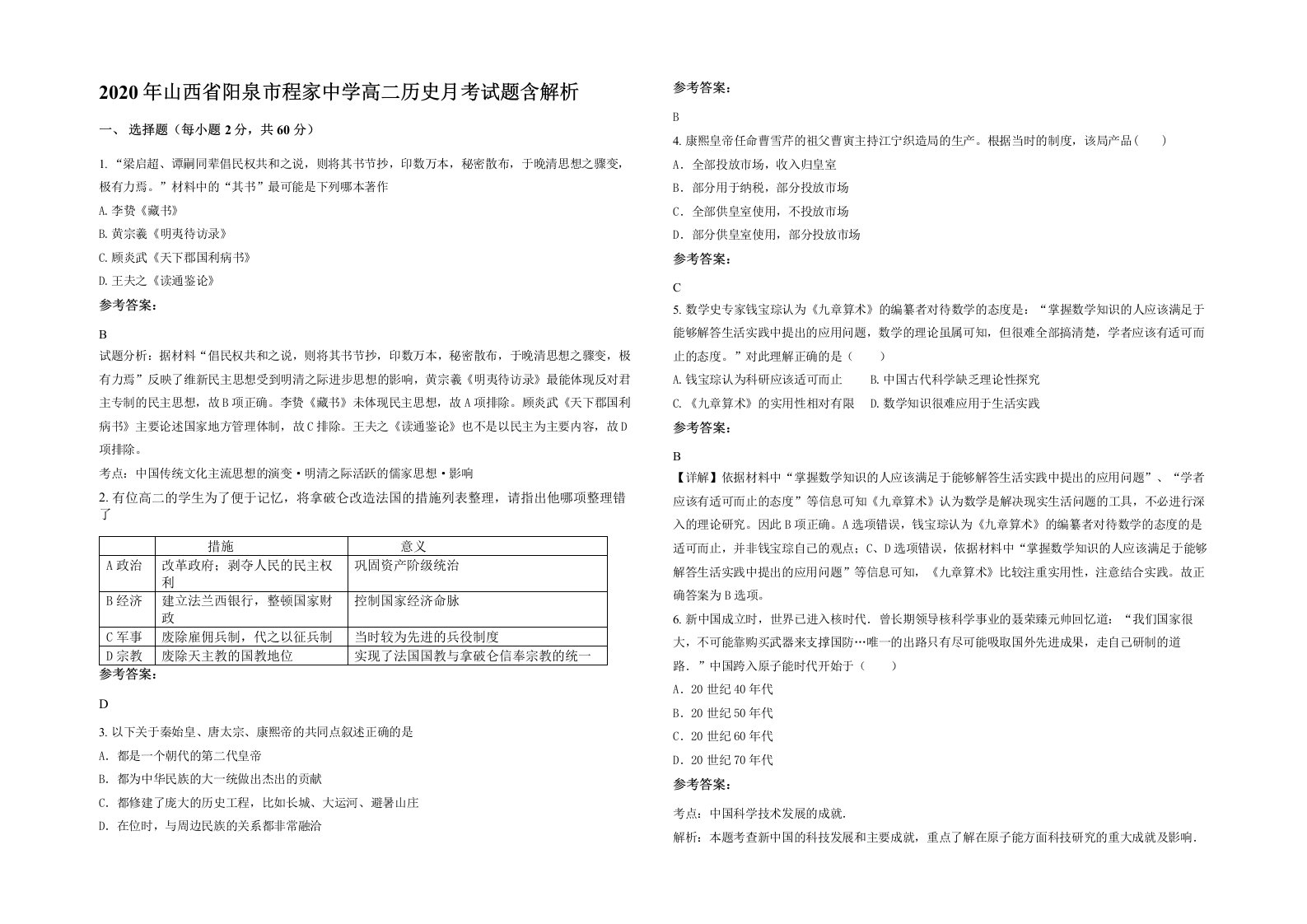 2020年山西省阳泉市程家中学高二历史月考试题含解析