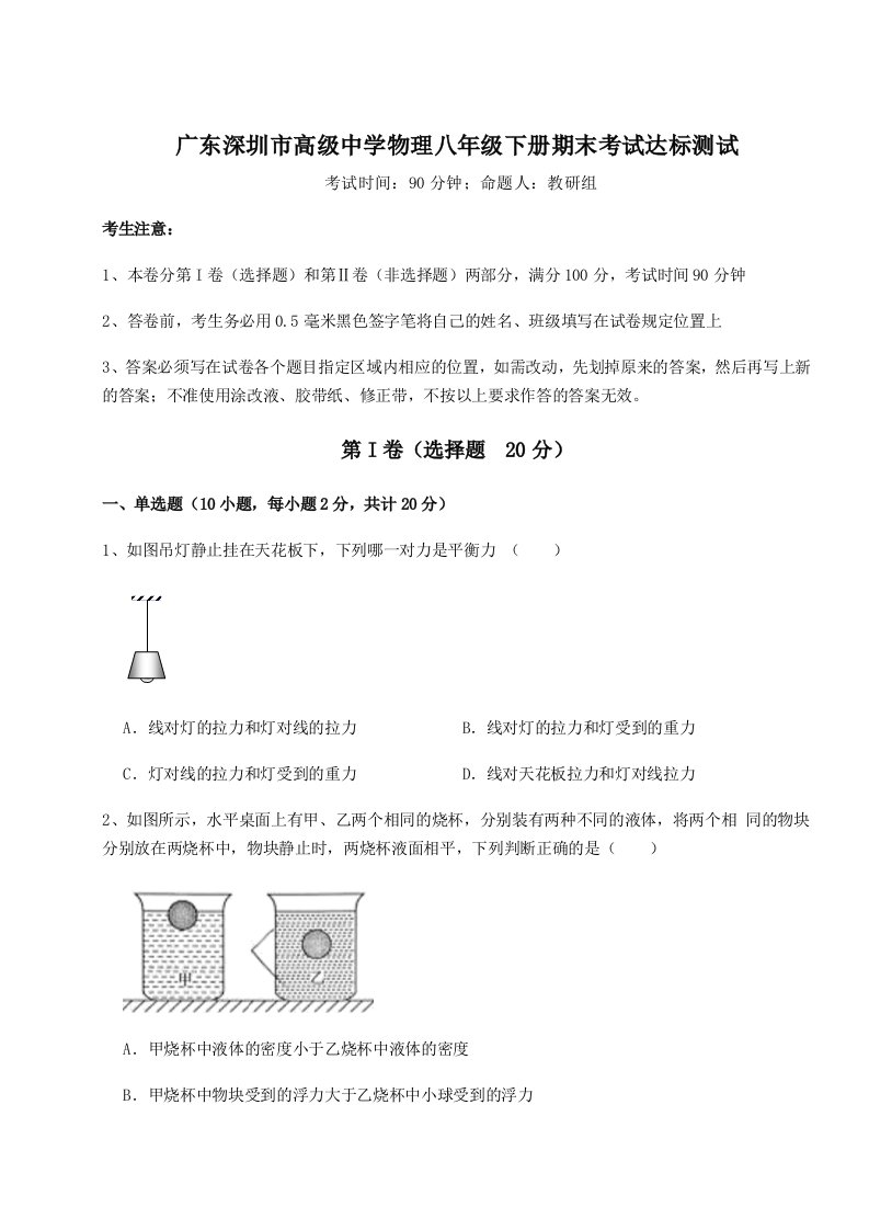 重难点解析广东深圳市高级中学物理八年级下册期末考试达标测试练习题（含答案详解）