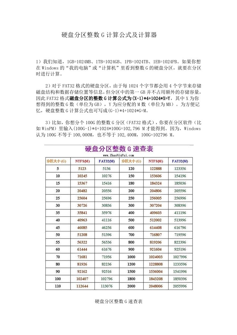 硬盘分区整数G计算公式及计算器