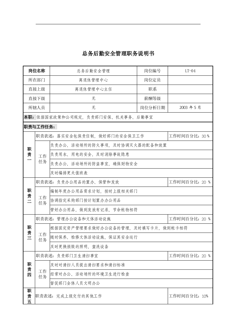 通信行业-离退休管理中心-总务后勤安全管理岗位说明书