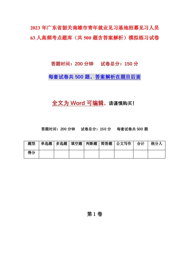 2023年广东省韶关南雄市青年就业见习基地招募见习人员63人高频考点题库共500题含答案解析模拟练习试卷