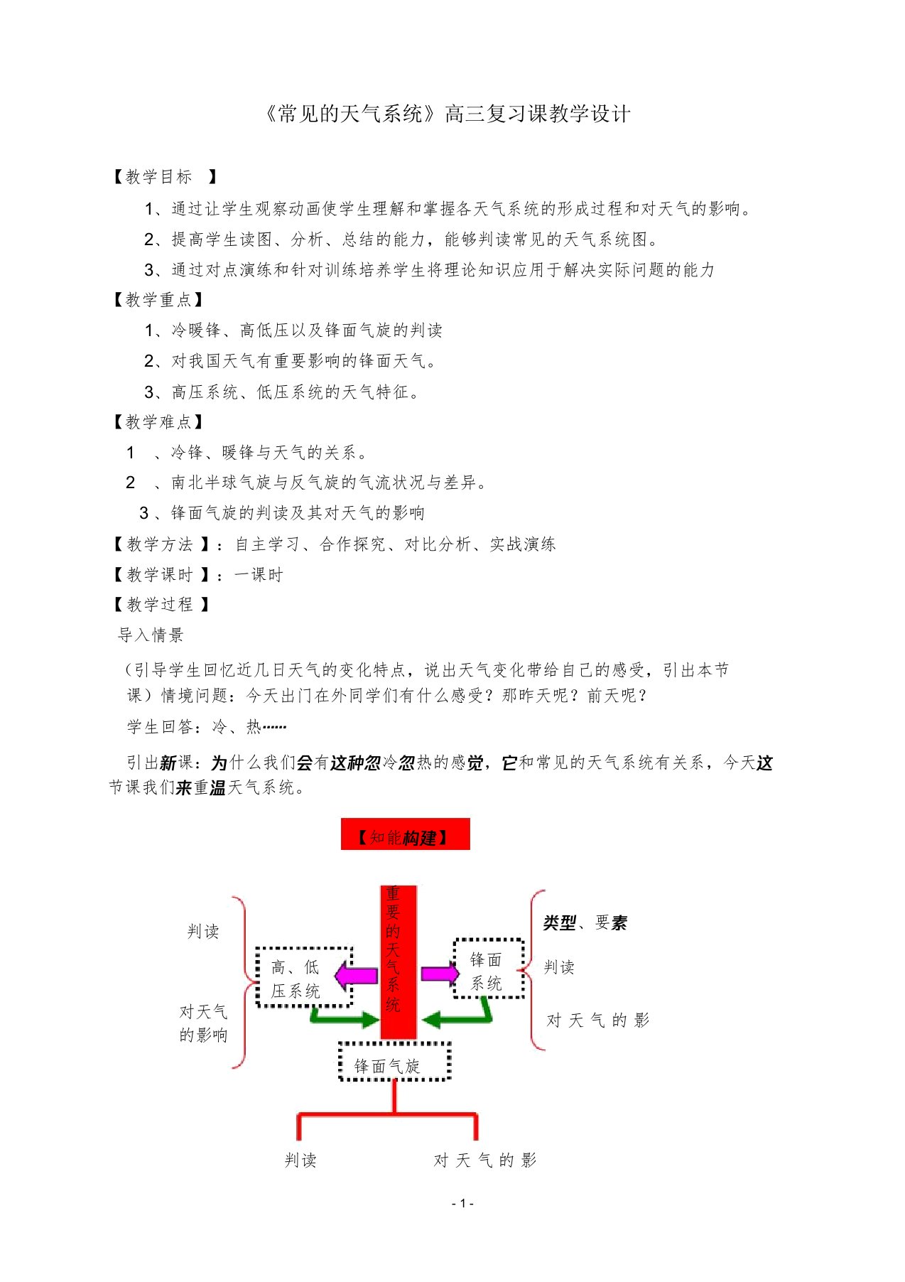 高三复习课教案：《常见的天气系统》教学设计