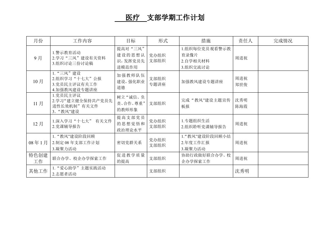 支部学期工作计划