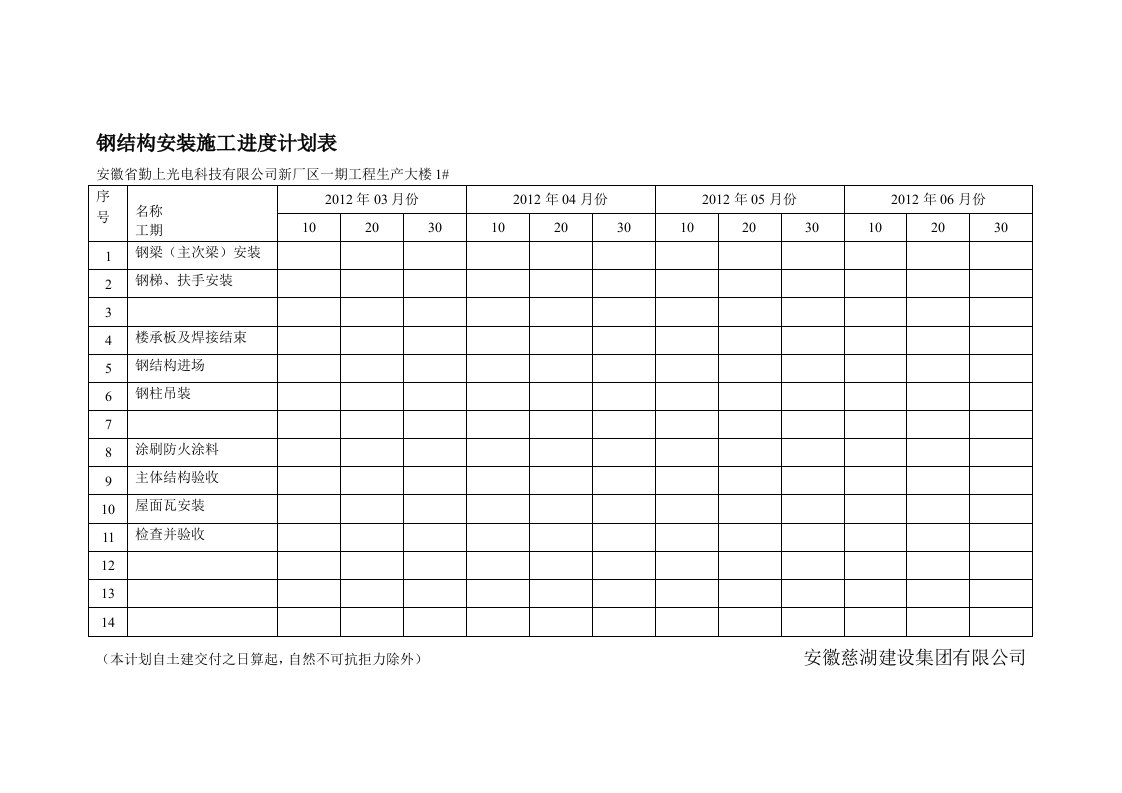 钢结构安装施工进度计划表