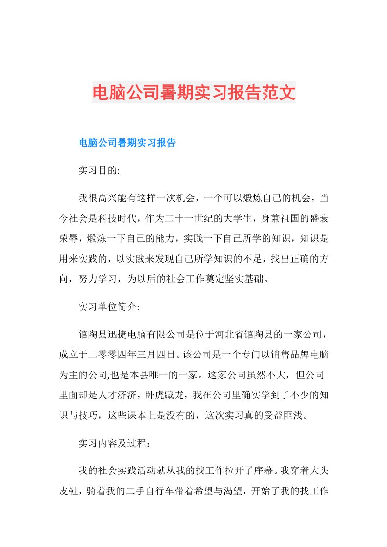 电脑公司暑期实习报告范文