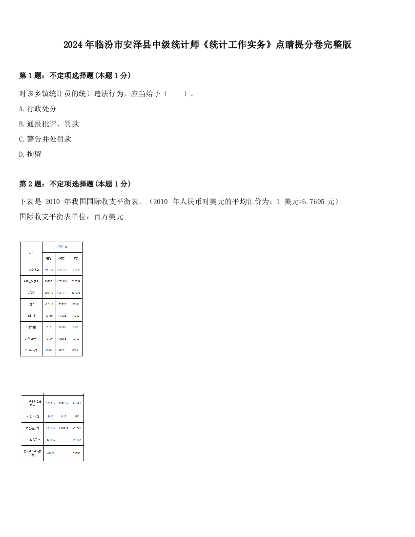 2024年临汾市安泽县中级统计师《统计工作实务》点睛提分卷完整版