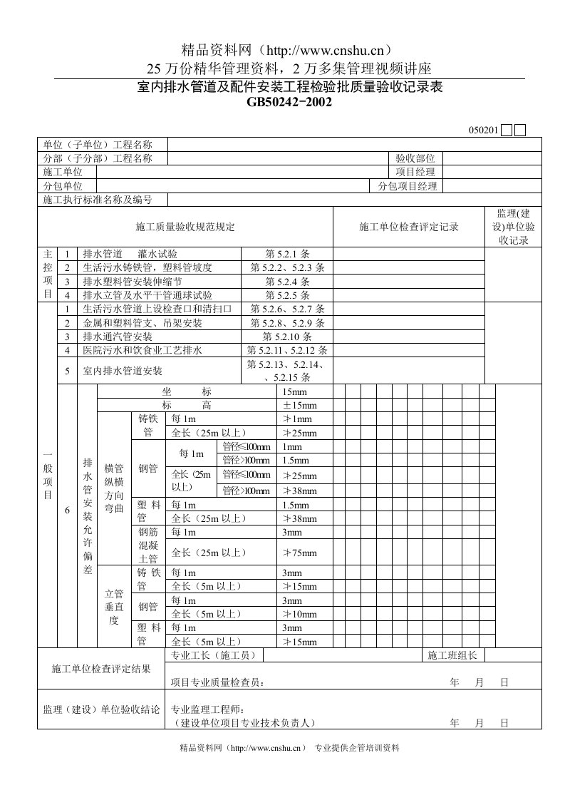 室内排水管道及配件安装工程检验批质量验收记录表