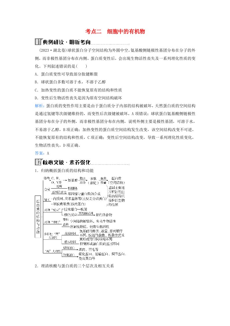 2024届高考生物二轮专题复习与测试专题一细胞的基本组成和物质运输第1讲细胞的分子组成考点二细胞中的有机物