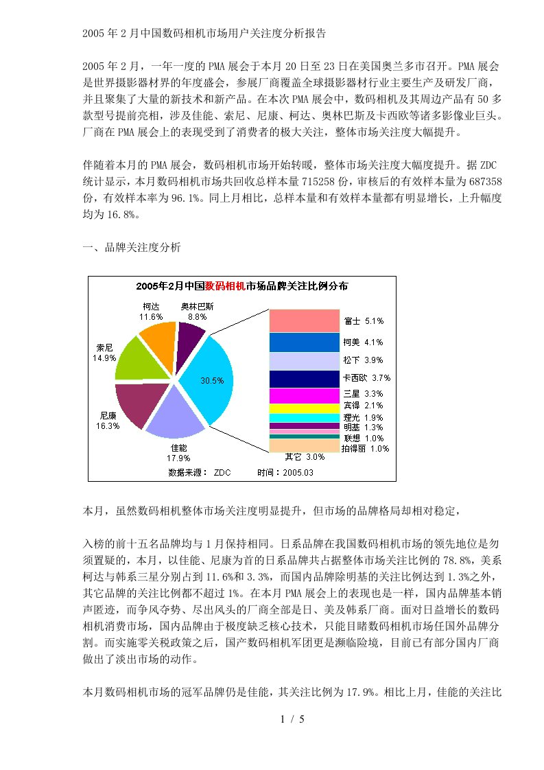 中国数码相机市场用户关注度分析报告