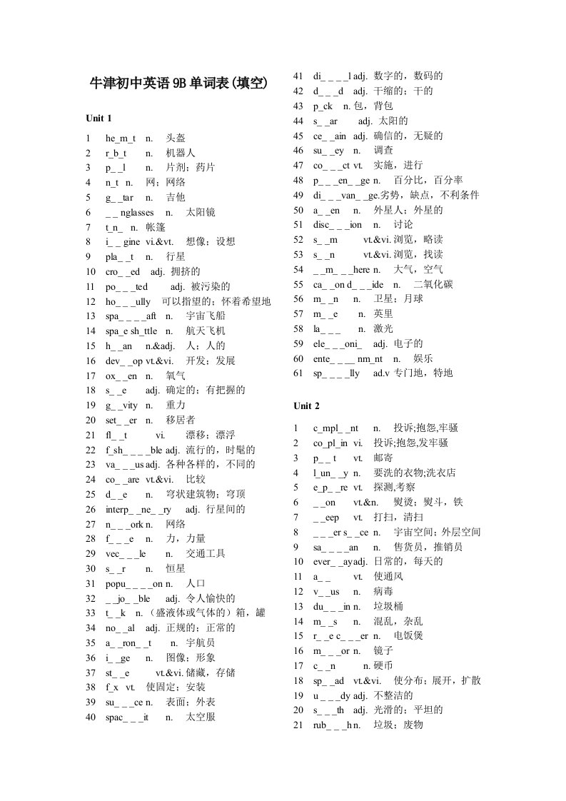 牛津初中英语9B单词表(填空)