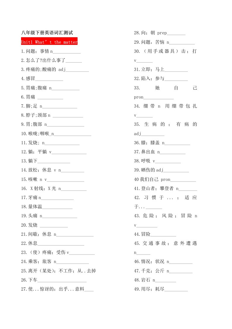 2014年春季人教版八年级下册英语单词与词组测试U