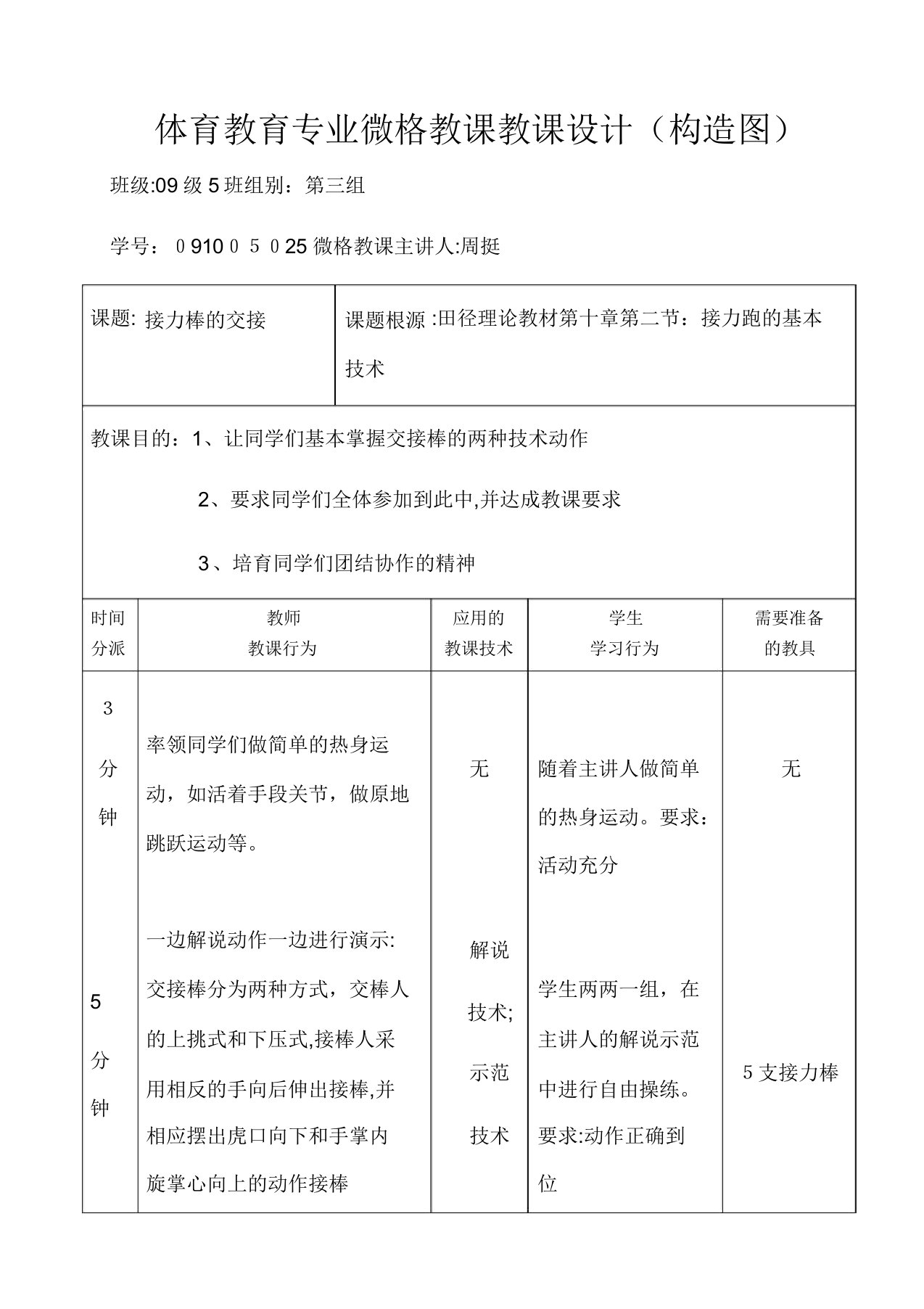 体育教育专业微格教学教案