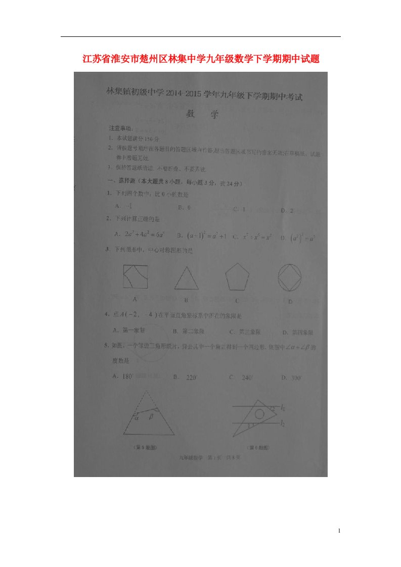 江苏省淮安市楚州区林集中学九级数学下学期期中试题（扫描版）