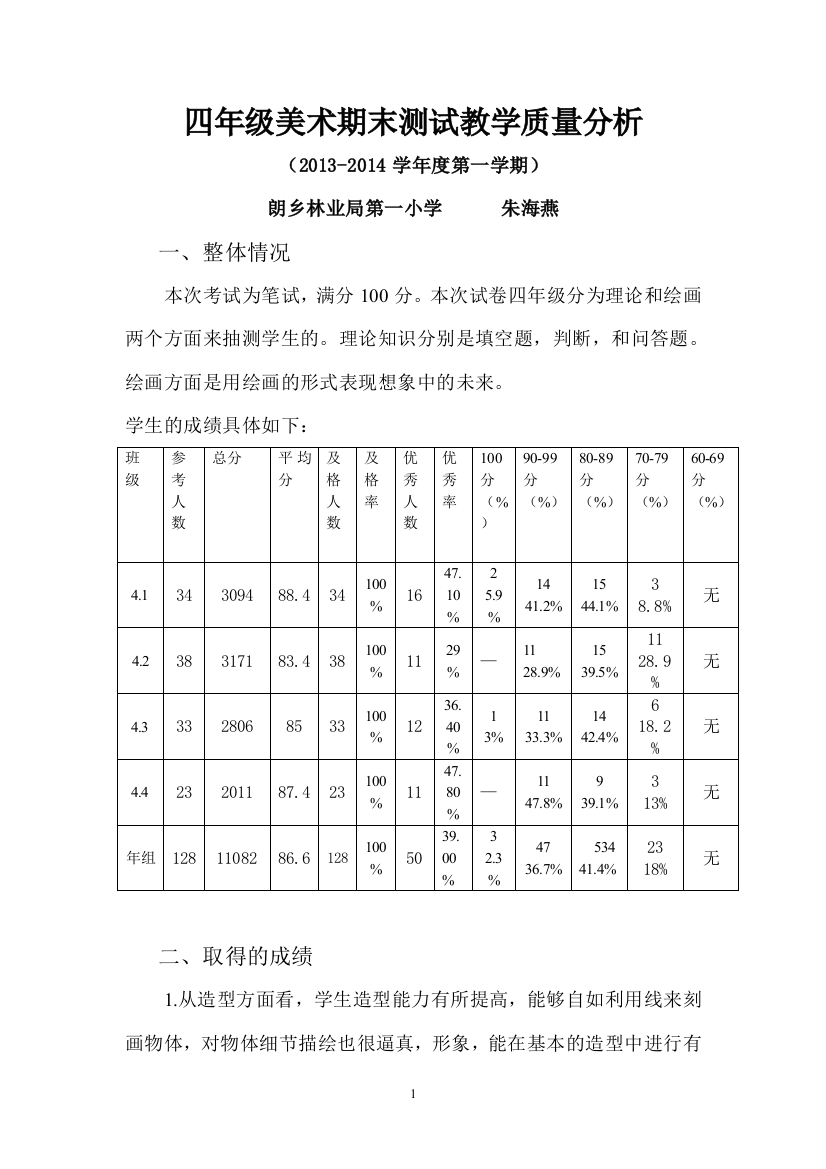 (完整word版)四年级美术期末考试质量分析