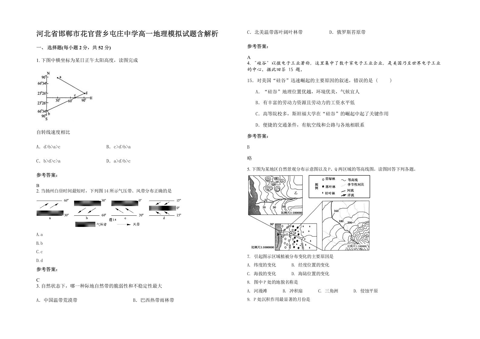 河北省邯郸市花官营乡屯庄中学高一地理模拟试题含解析