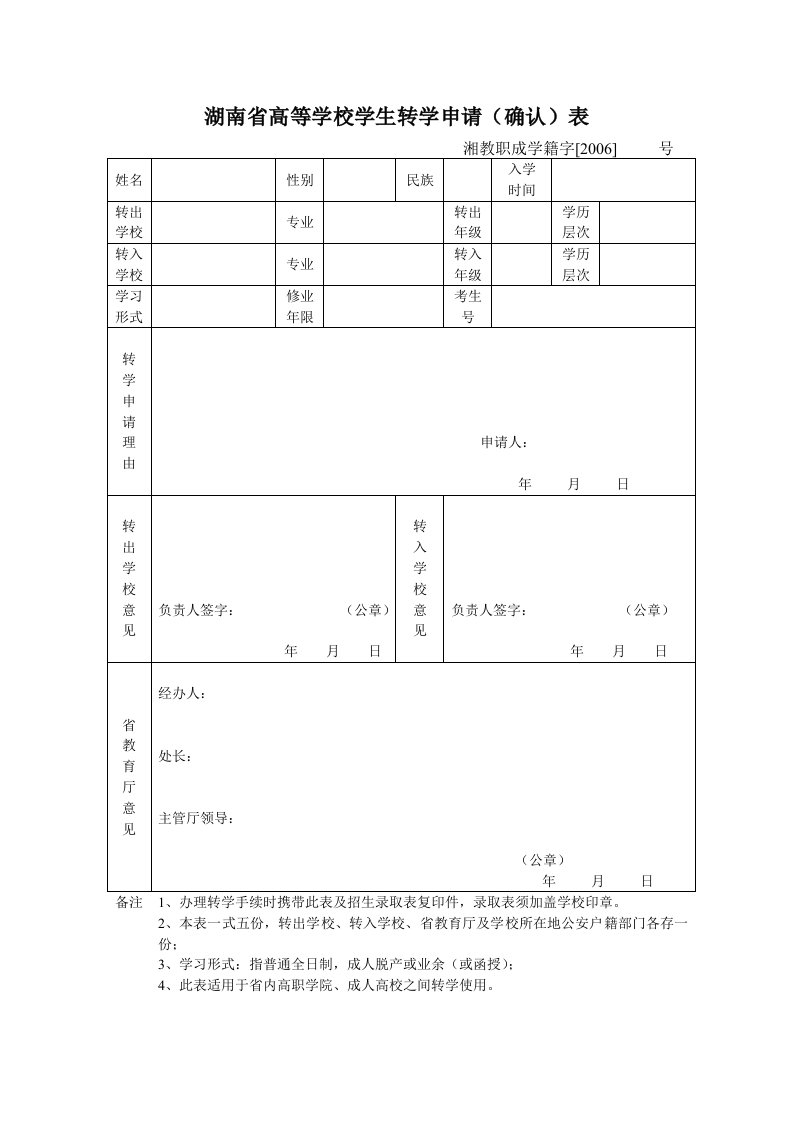 湖南省高等学校学生转学申请(确认)表