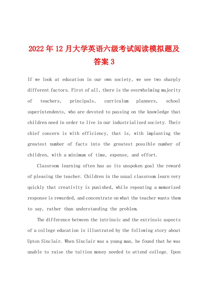 2022年12月大学英语六级考试阅读模拟题及答案3