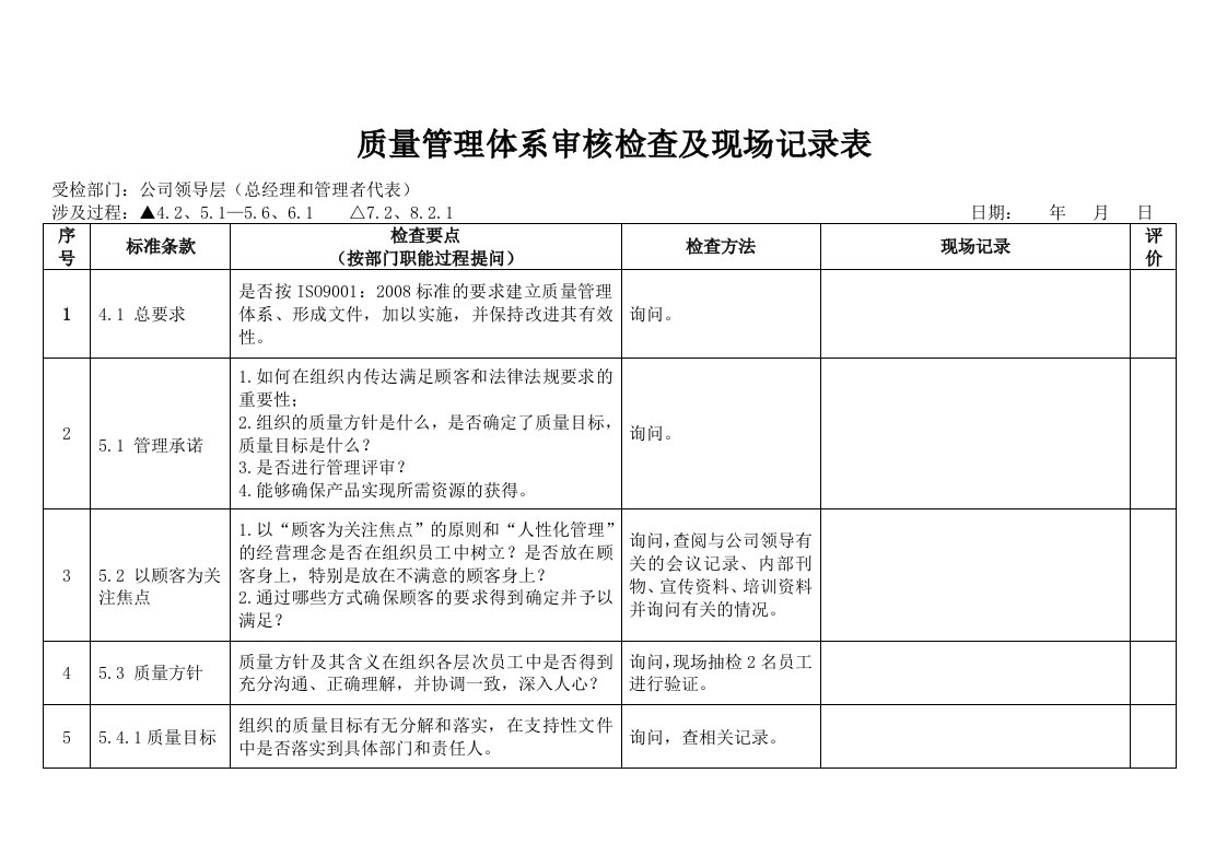 （精）物业公司质量管理体系审核检查及现场记录表