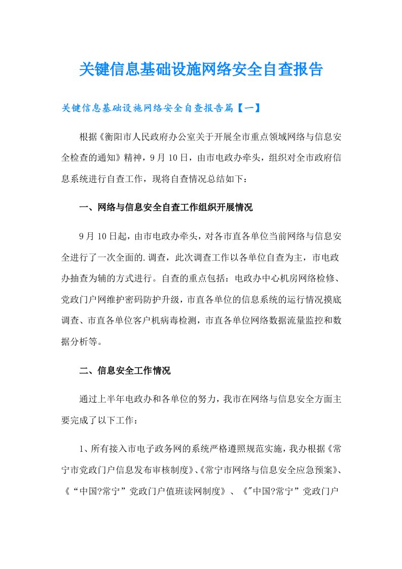 关键信息基础设施网络安全自查报告