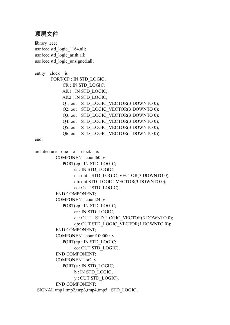 vhdl语言数字钟代码