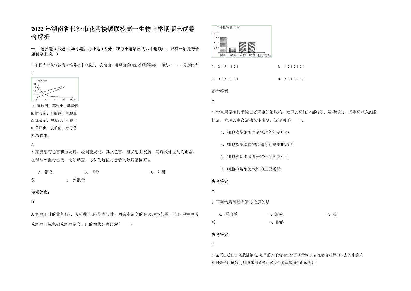 2022年湖南省长沙市花明楼镇联校高一生物上学期期末试卷含解析