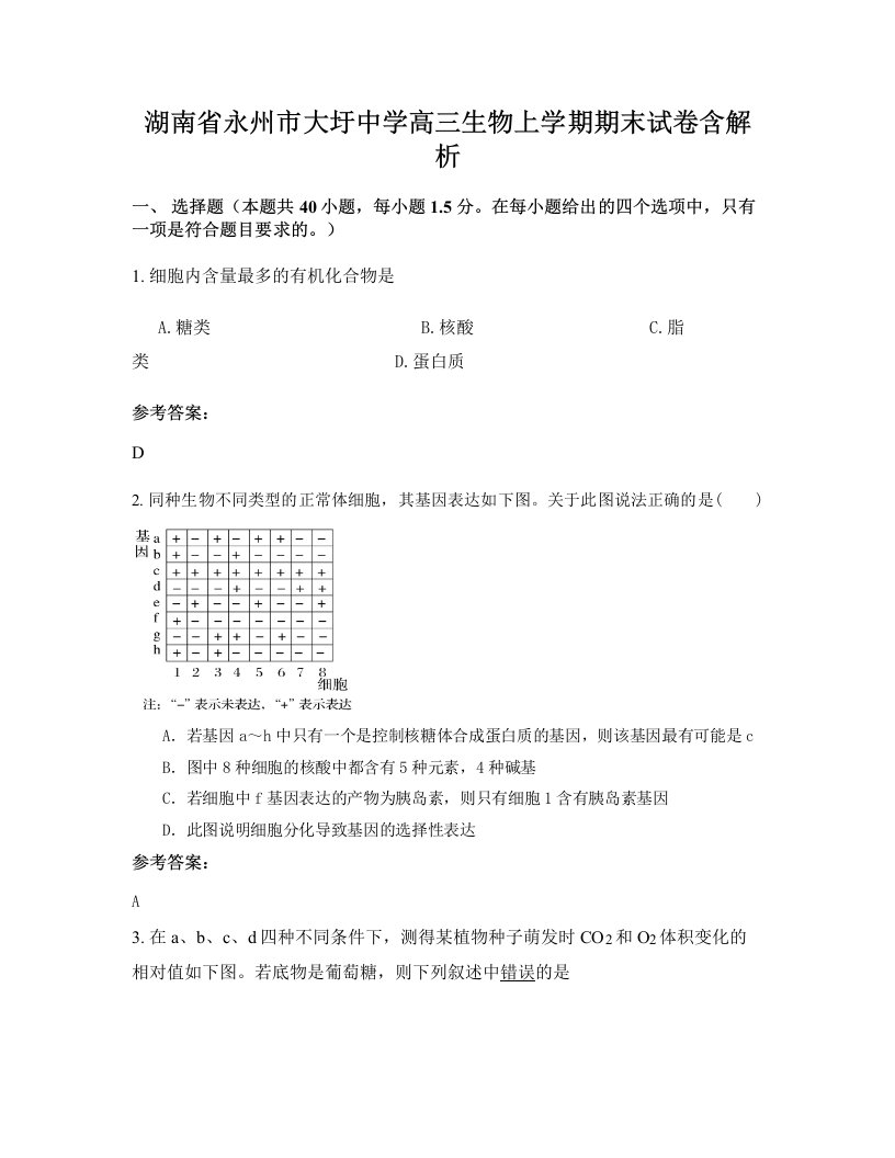 湖南省永州市大圩中学高三生物上学期期末试卷含解析