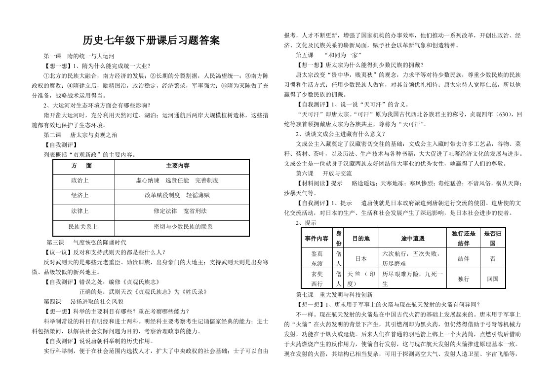 历史七年级下册课后习题答案