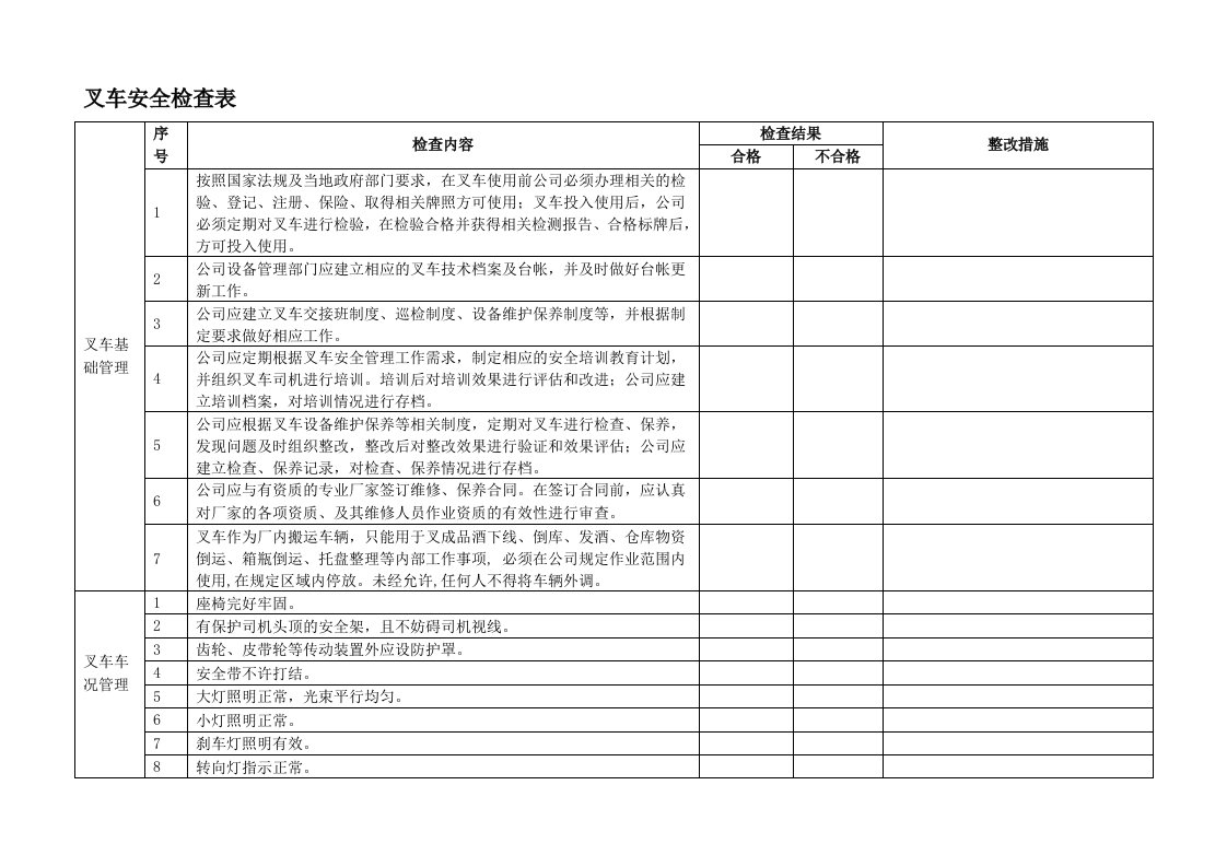 叉车安全检查表