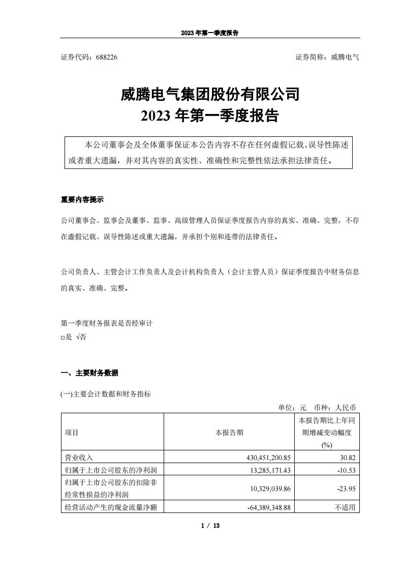 上交所-威腾电气集团股份有限公司2023年第一季度报告-20230427