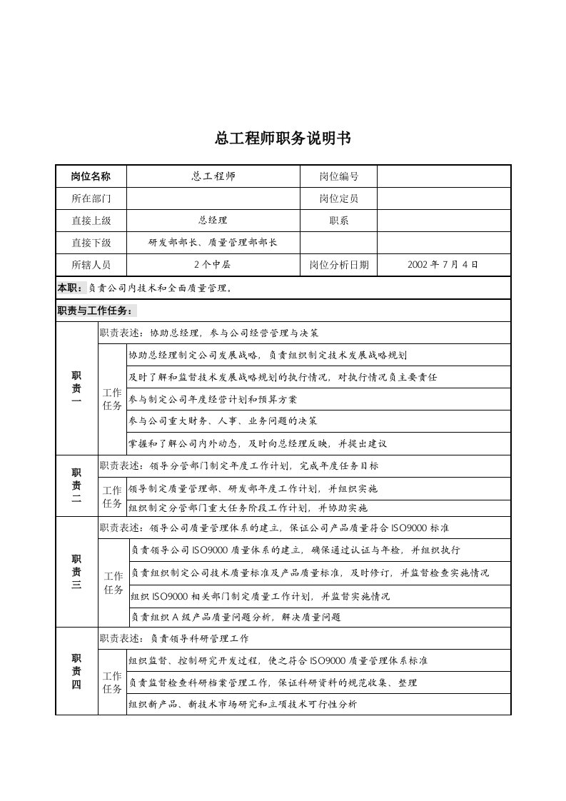 某公司总工程师职务说明书