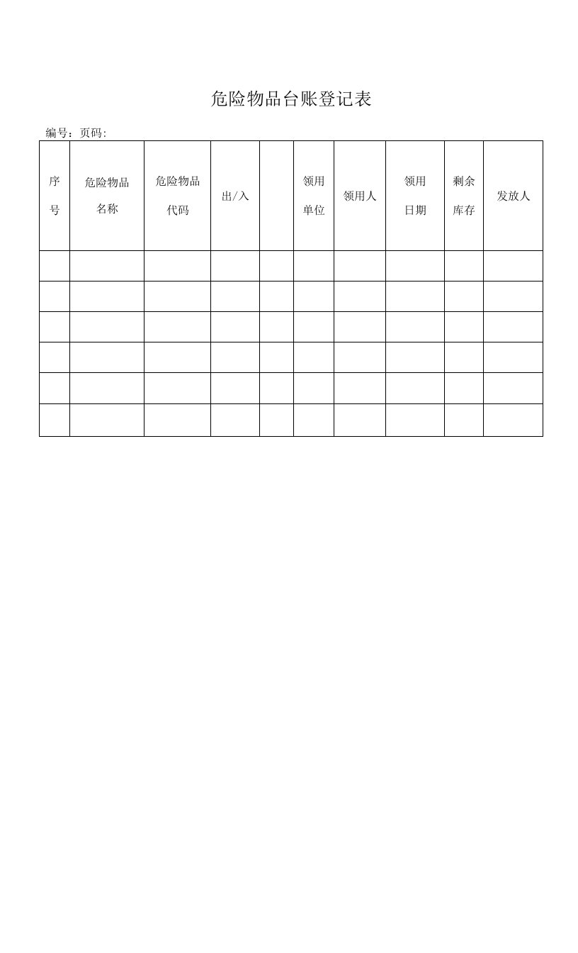 危险物品台账登记表出入库台账