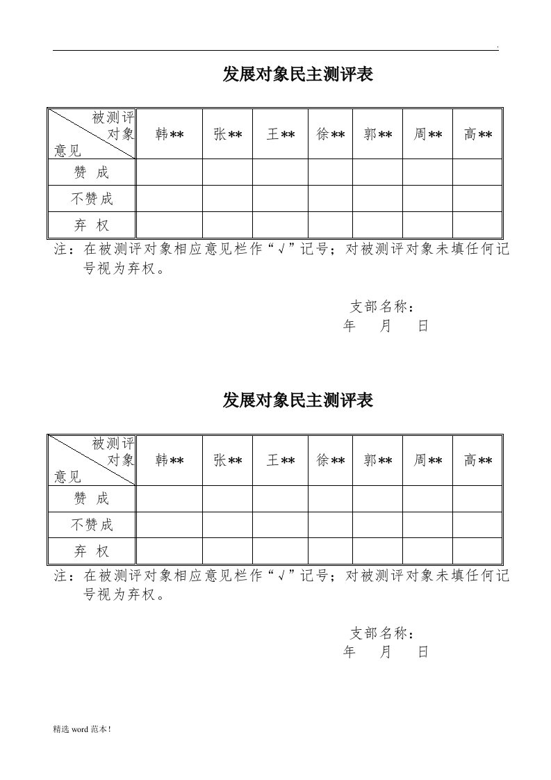 发展对象民主测评表(票)