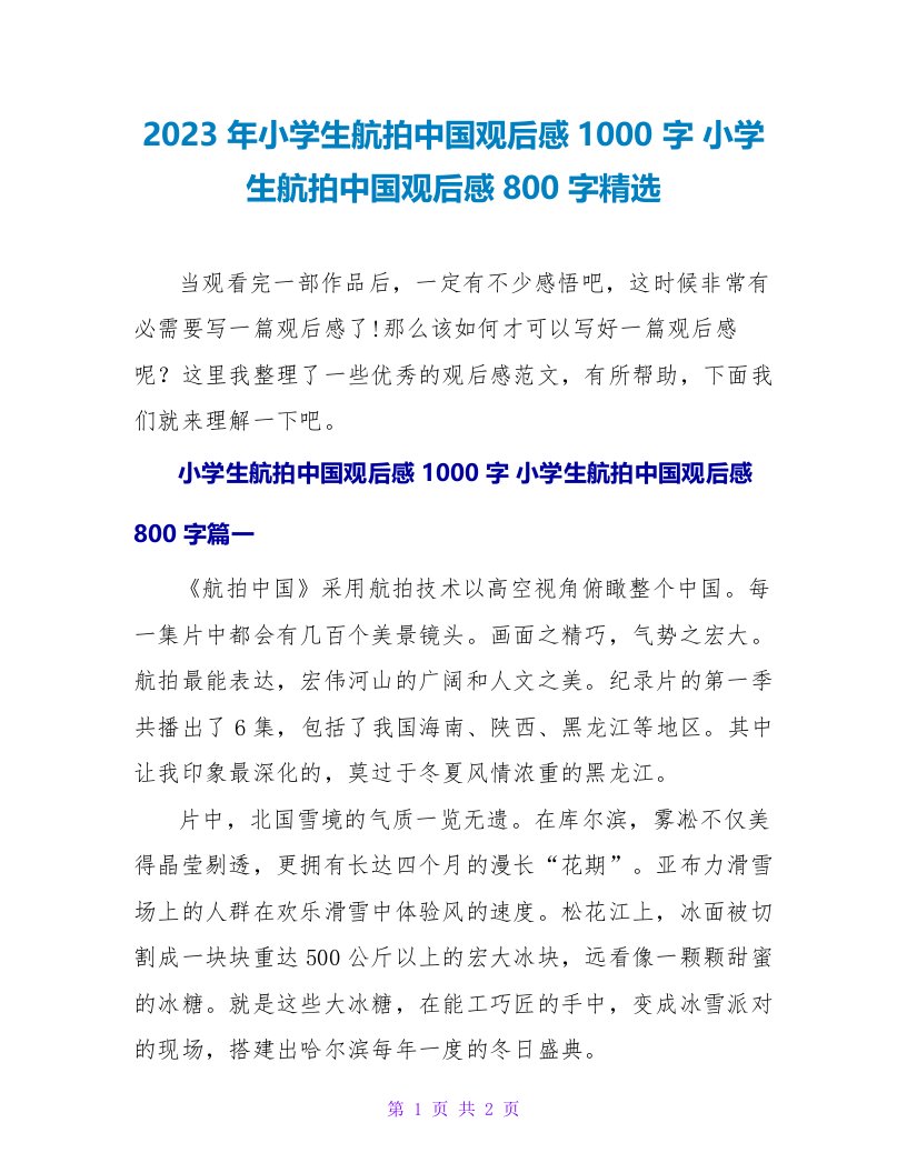 2023小学生航拍中国观后感800字