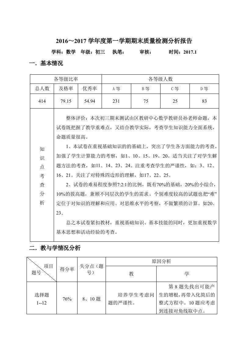 初三数学质量检测分析报告