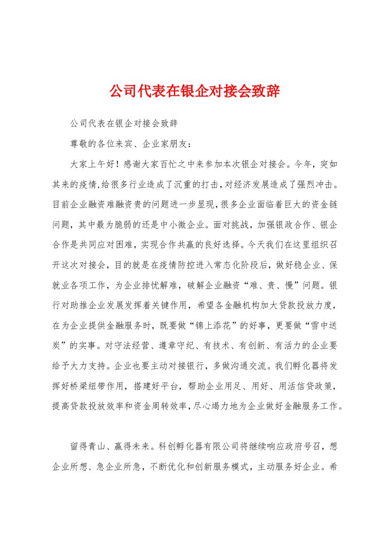 公司代表在银企对接会致辞