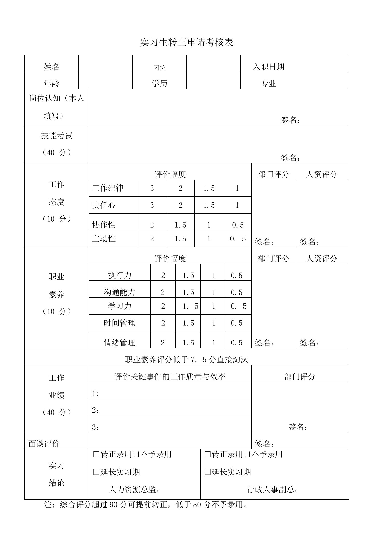 实习生转正申请考核表