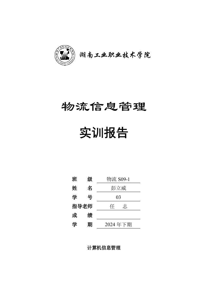 物流s2024-1-03彭立威物流信息系统实训报告