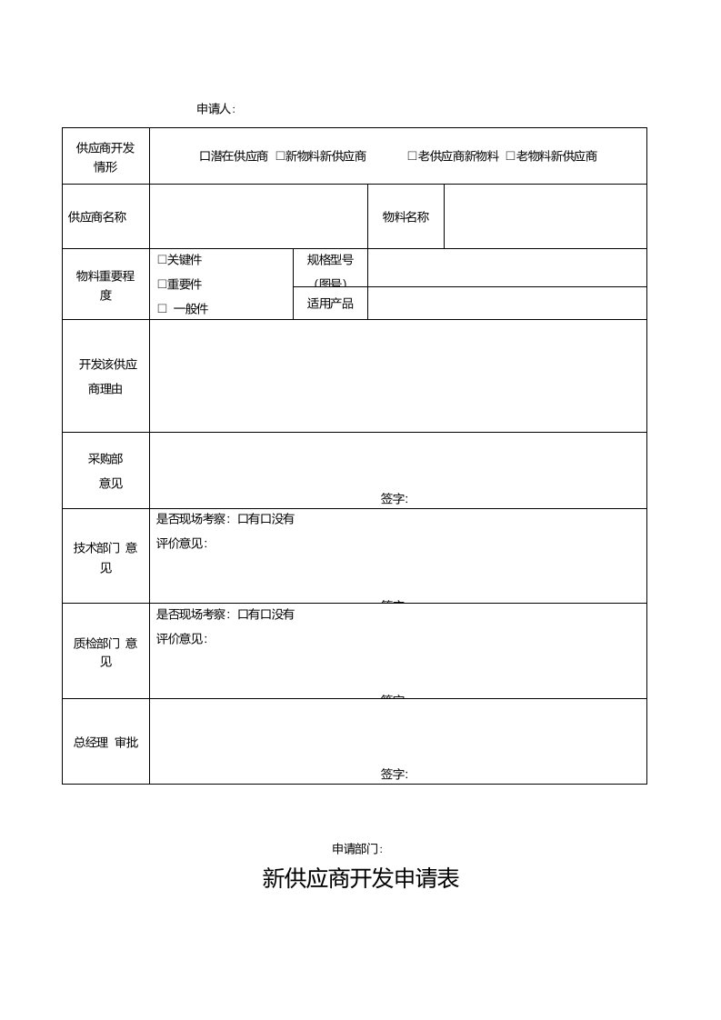 新供应商开发申请现用版表格