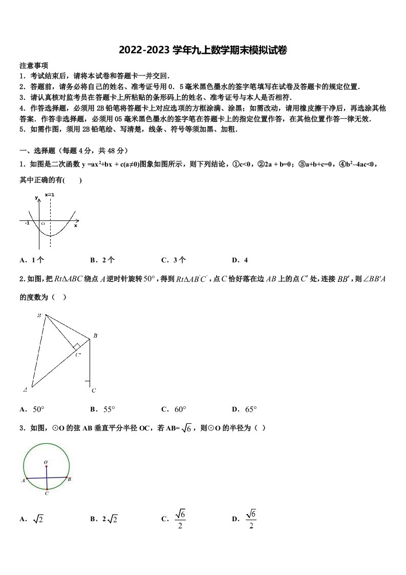 广东省湛江市雷州市2022年数学九年级第一学期期末考试试题含解析