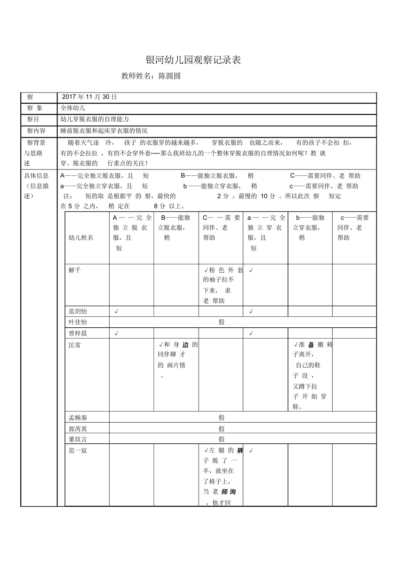 银河幼儿园观察记录表