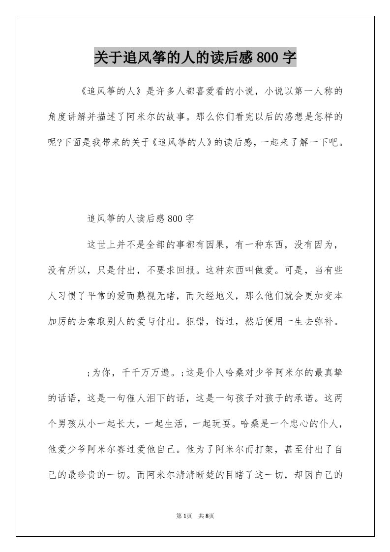 关于追风筝的人的读后感800字