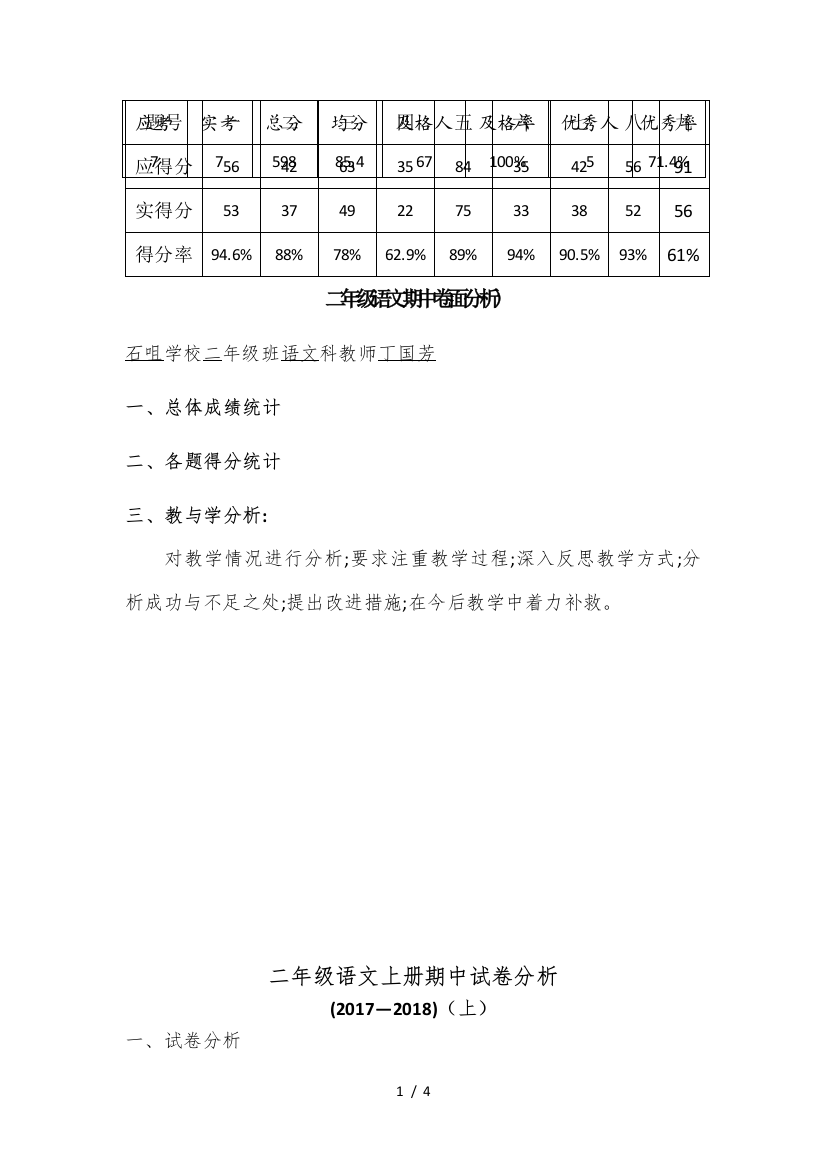 二年级语文期中卷面分析)