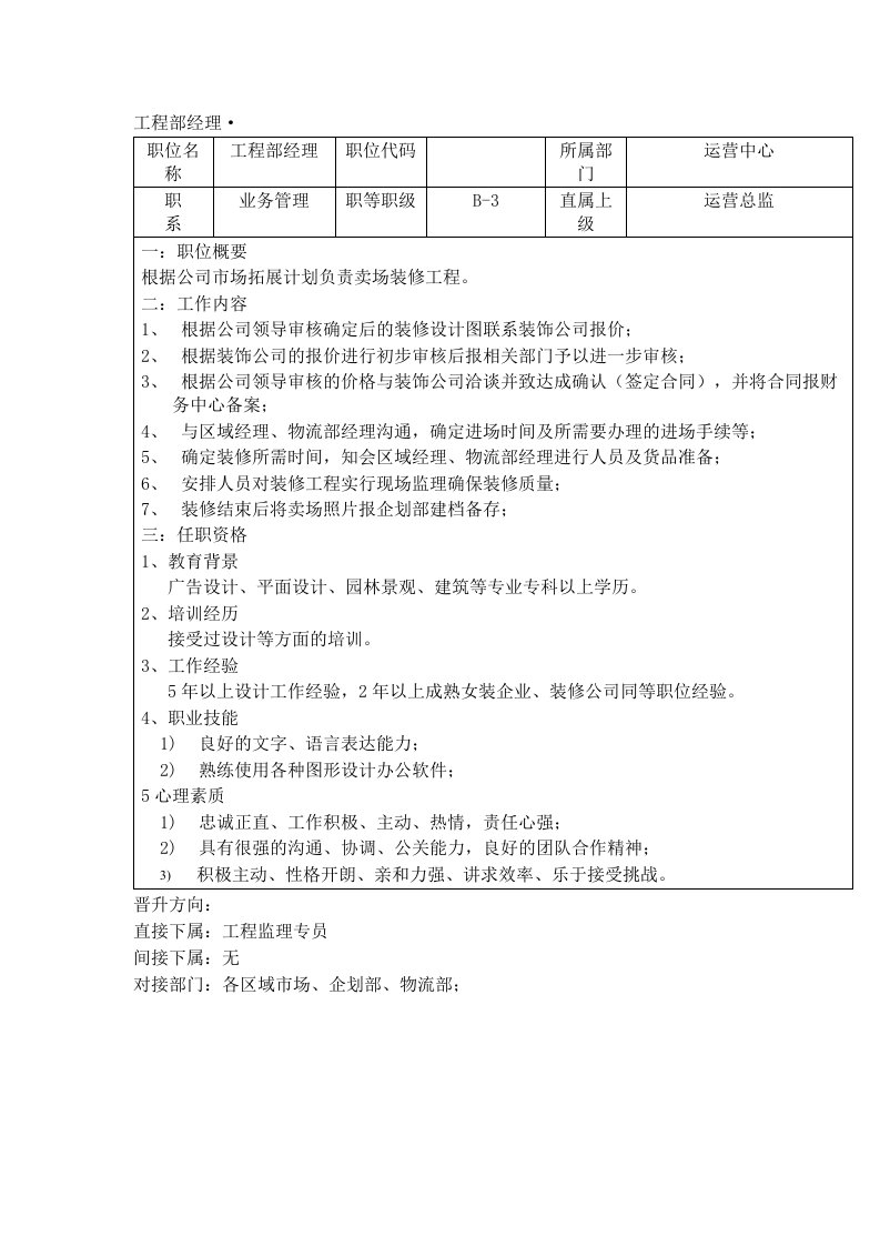 某工贸销售公司工程部经理岗位说明书